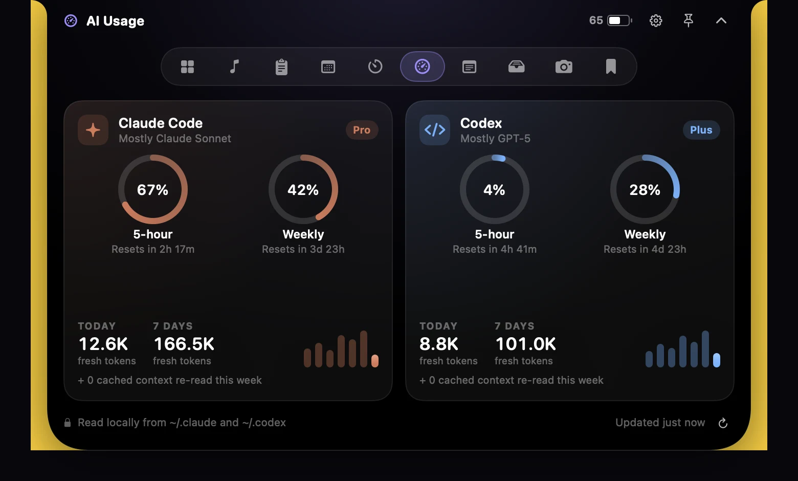 Real NotchDude AI Usage screenshot showing Claude Code and Codex limits, reset times, and token activity