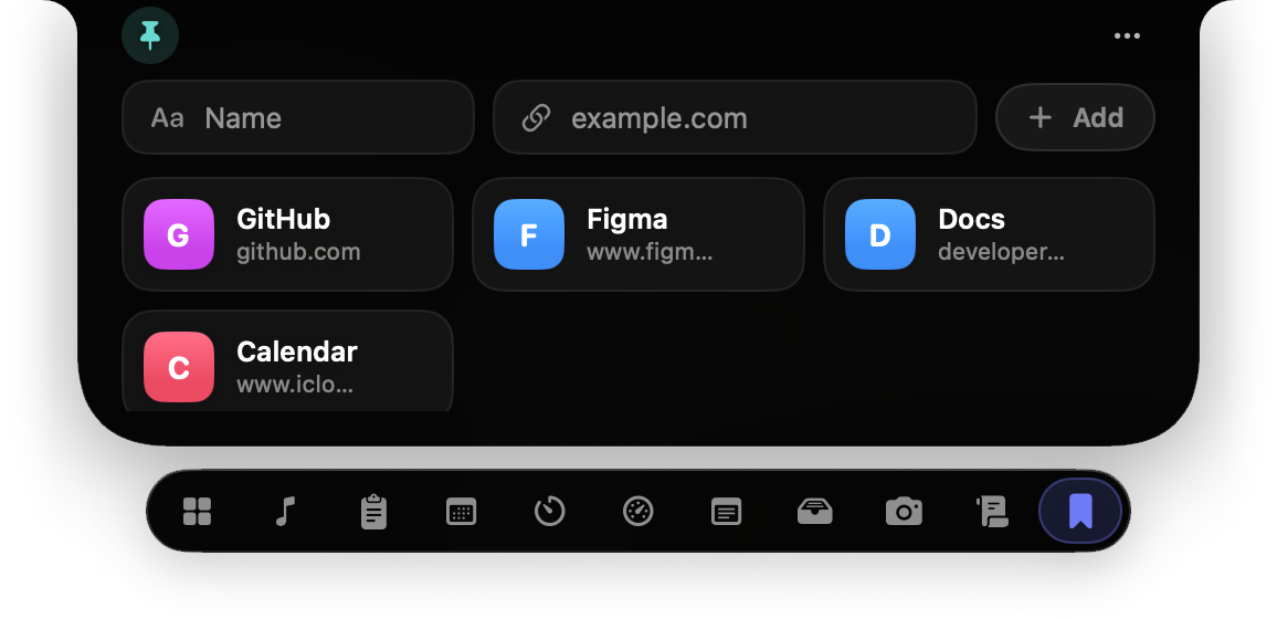 The Bookmarks widget with name and address fields and four site tiles