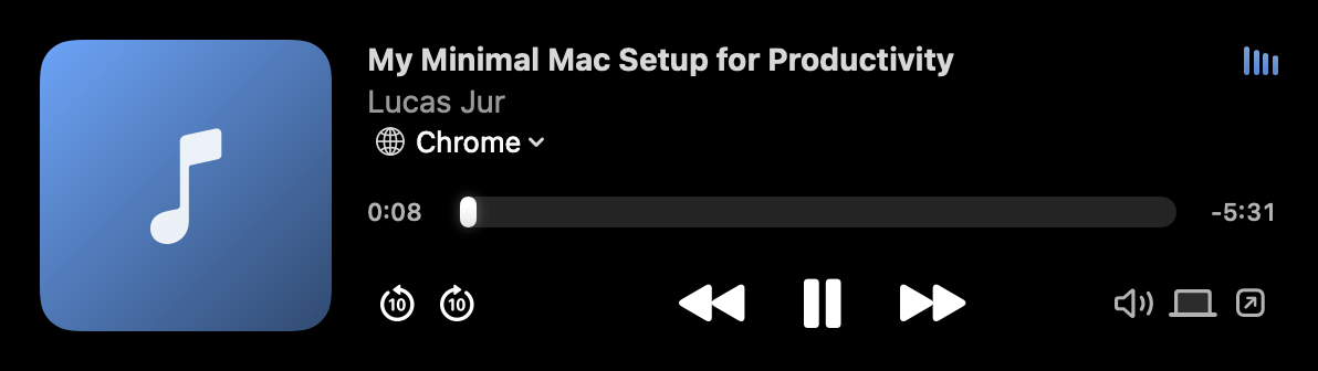 Music in the notch playing a YouTube video from Chrome, with 10-second skip, previous, pause, next, mute, and open-tab buttons