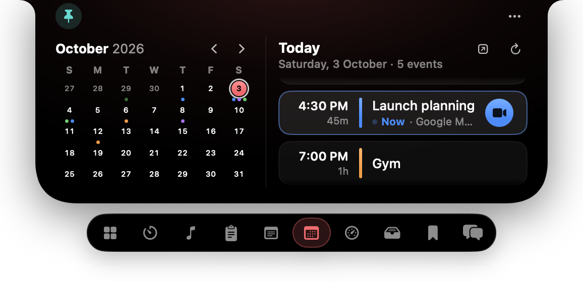 The Calendar widget: October with today selected and dots on busy days, beside today's events, with Launch planning happening now and a Join button