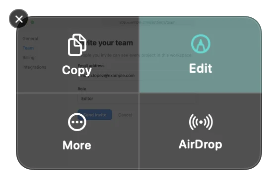 The NotchDude screenshot preview, hovered, with four actions over the screenshot: Copy, Edit (highlighted), More, and AirDrop