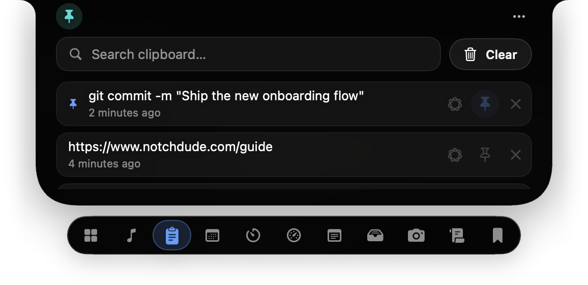 The Clipboard widget with a search field, a Clear button, and a pinned item above a copied link
