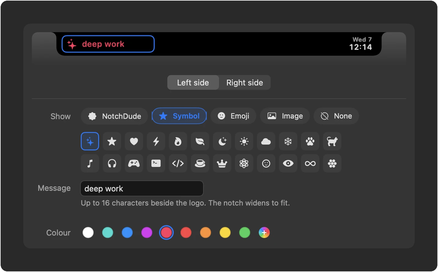 Settings › Appearance › Closed notch with a preview of the notch showing a pink sparkles symbol and the message deep work on the left, and the left side's Show, Message, and Colour options
