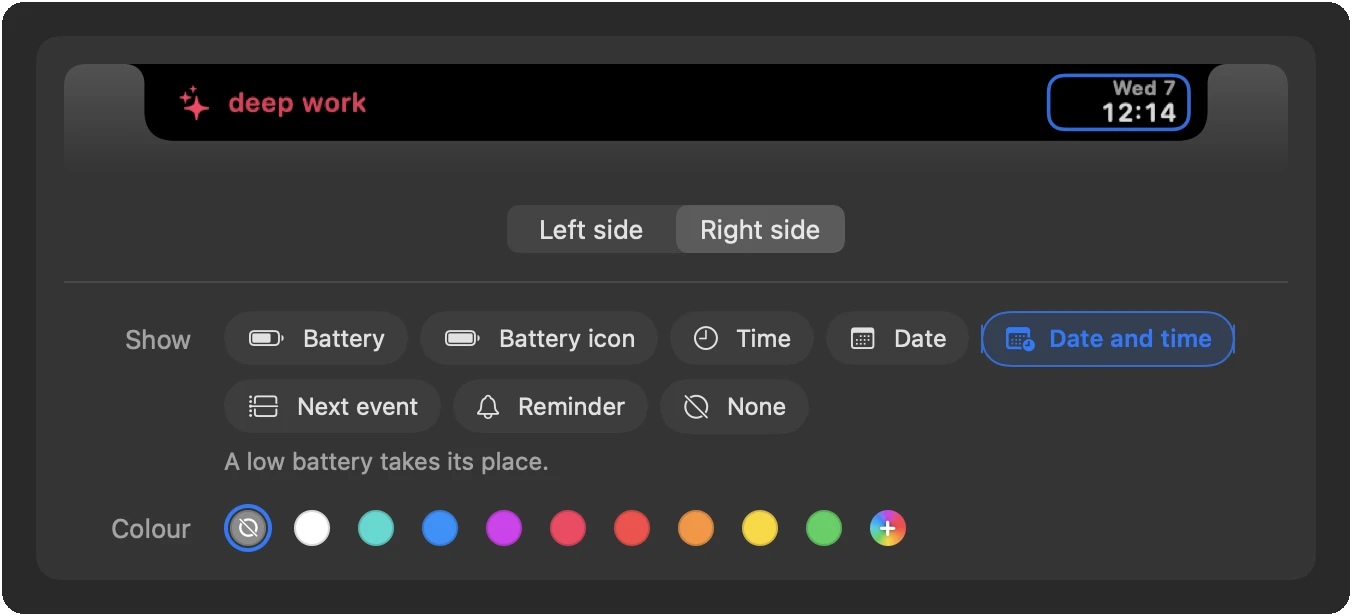 Settings › Appearance › Closed notch: a preview of the notch with pink sparkles and the message deep work on the left and the date and time on the right, the Right side selected, with choices for Battery, Battery icon, Time, Date, Date and time, Next event, Reminder, and None, and colour swatches