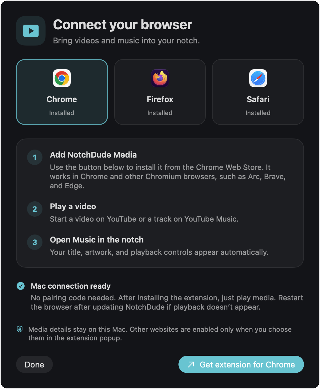 The Connect your browser window with Chrome, Firefox, and Safari choices, three setup steps, and a Get extension for Chrome button