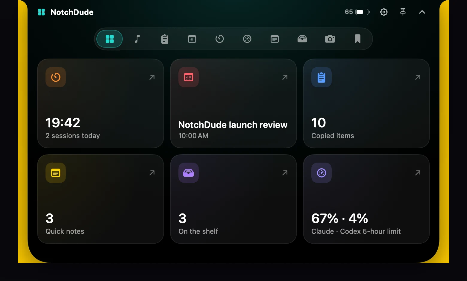 The real NotchDude dashboard shown at its actual size beneath a MacBook notch, with desktop space visible on both sides