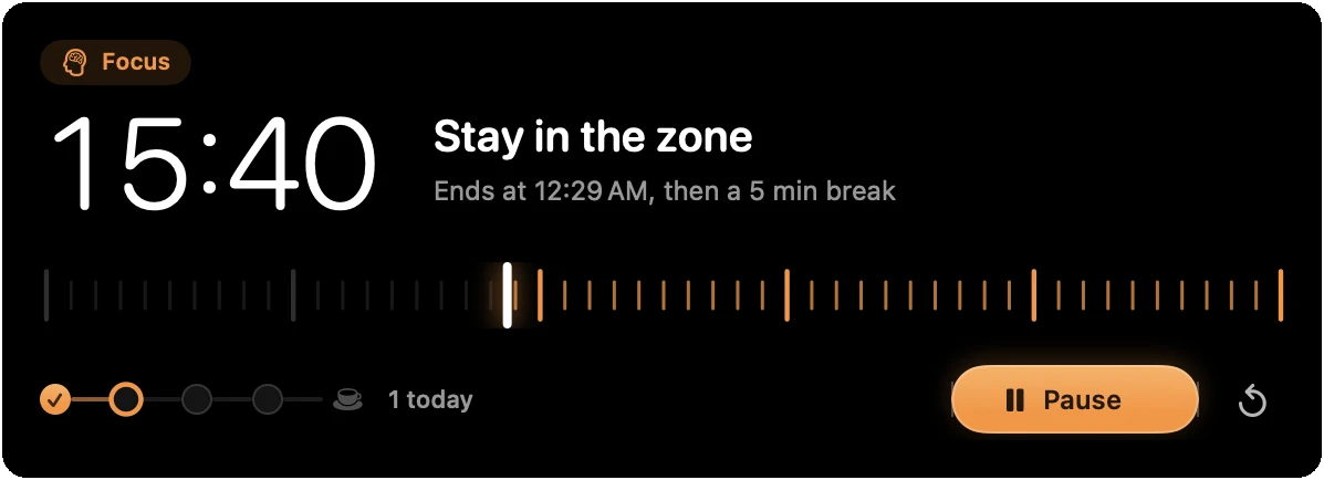 The Focus timer nine minutes into a session: 15:40 left, Stay in the zone, Ends at with a 5 minute break next, a ruler of ticks lit for the time left, the set of four with one done, and a Pause button