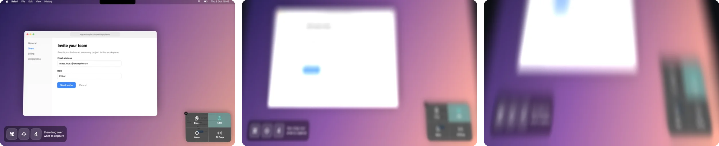Demo desktop at three lid angles: nearly open, folding and frosted, then closer to shut