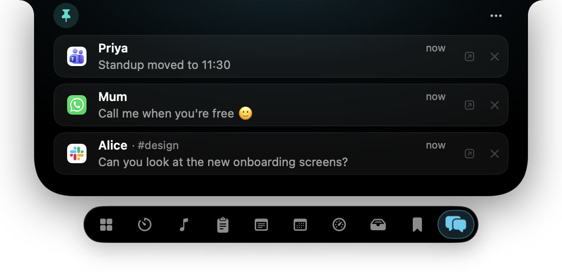 The Messages widget with new messages from Priya on Teams, Mum on WhatsApp, and Alice in a Slack channel