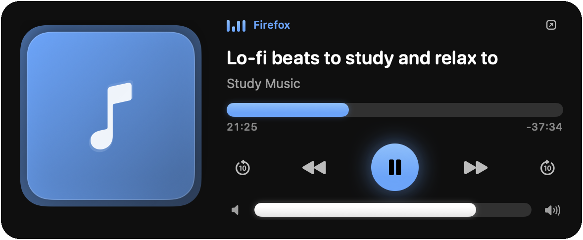 Music in the notch playing a YouTube video from Firefox, with the browser name, seek bar, 10-second skips, previous, pause, next, and volume