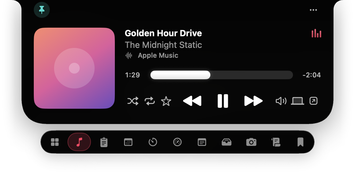NotchDude Music with album artwork, a progress bar, shuffle, repeat, favourite, playback, volume, and sound output buttons