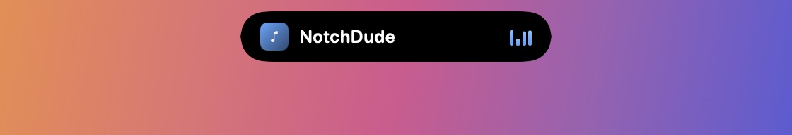 NotchDude's floating pill closed at the top centre of a screen without a notch: album artwork on the left, the NotchDude label, and blue equalizer bars on the right while music plays