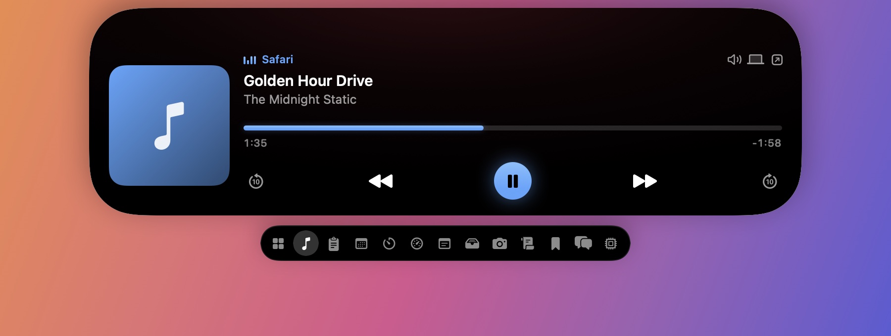 NotchDude open on a screen without a notch, showing a music player with artwork, the track Golden Hour Drive by The Midnight Static playing in Safari, a seek bar, 10-second skip, previous, pause, and next buttons, and a row of widget tabs below