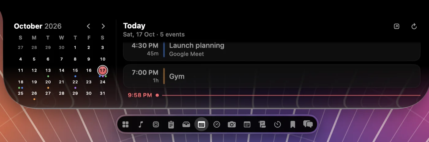 The open notch showing Calendar with sample events, black at the top melting into clear glass over an abstract wallpaper, with the tab pill floating below
