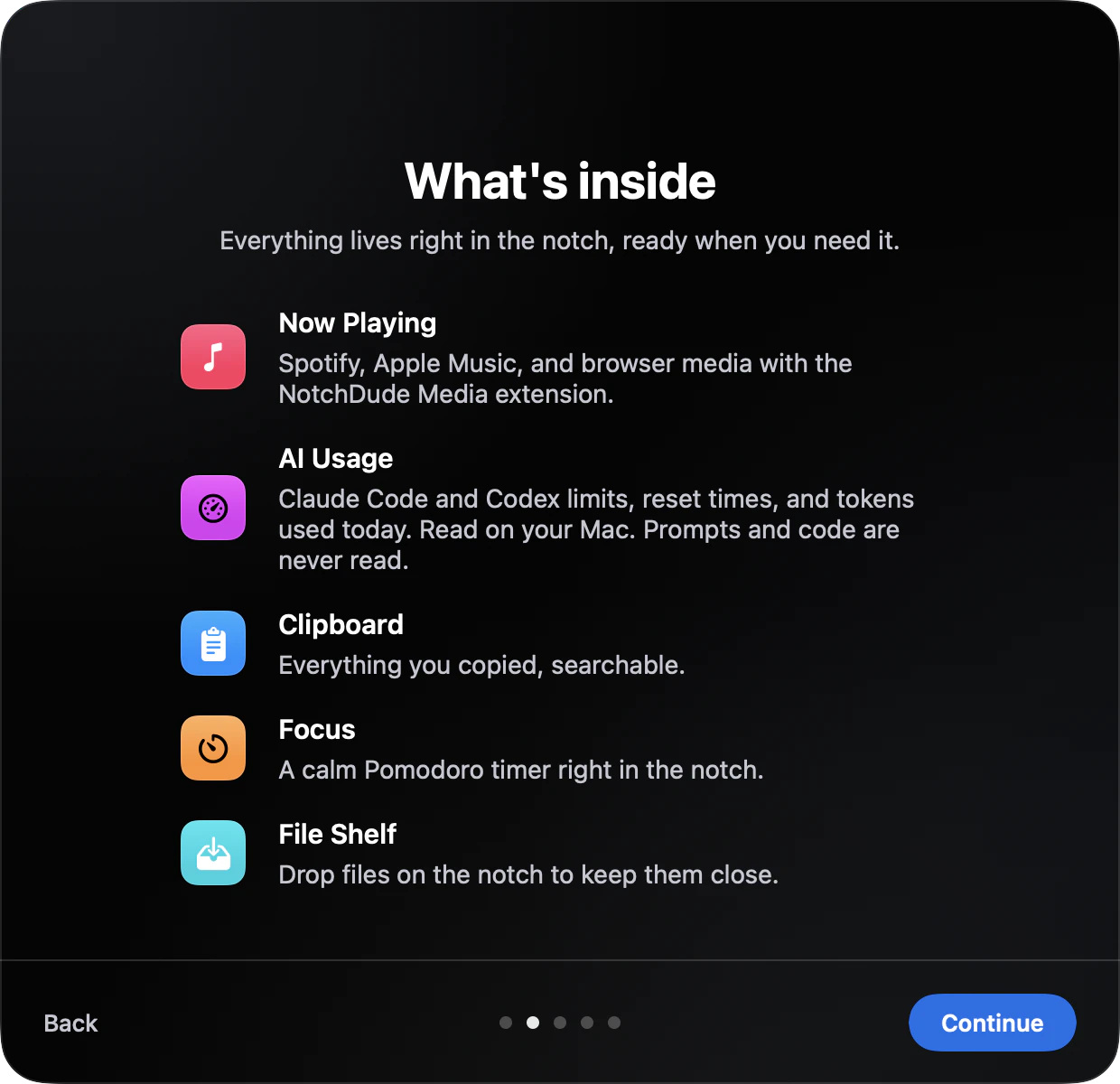NotchDude's welcome window on the What's inside step, listing Now Playing, AI Usage, Clipboard, Focus, and File Shelf with coloured icon tiles