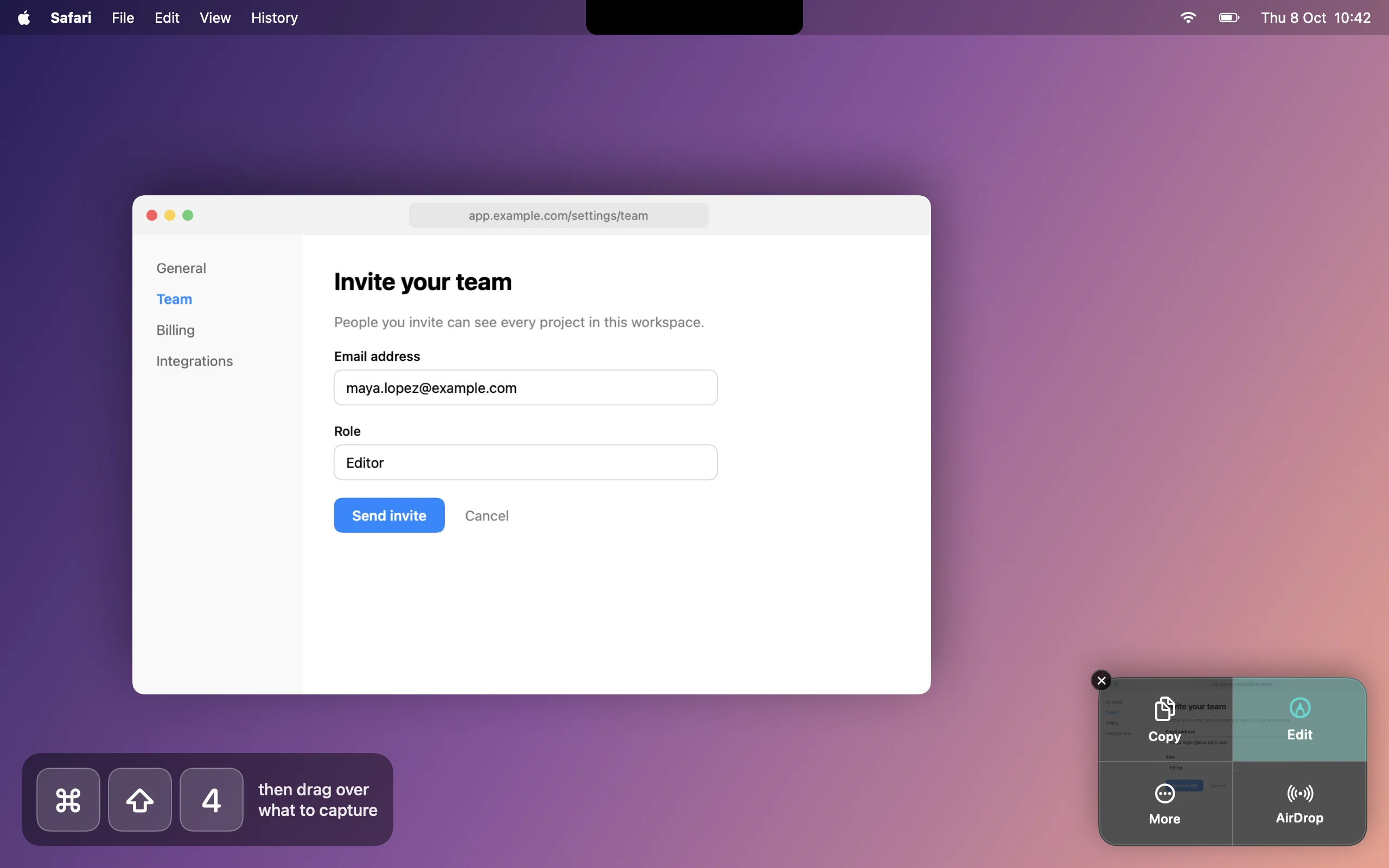A Mac screen just after pressing Command-Shift-4 and dragging over a web page: the keys ⌘, ⇧ and 4 are shown at the bottom left, and the NotchDude screenshot preview sits at the bottom right with Copy, Edit, More and AirDrop, Edit highlighted