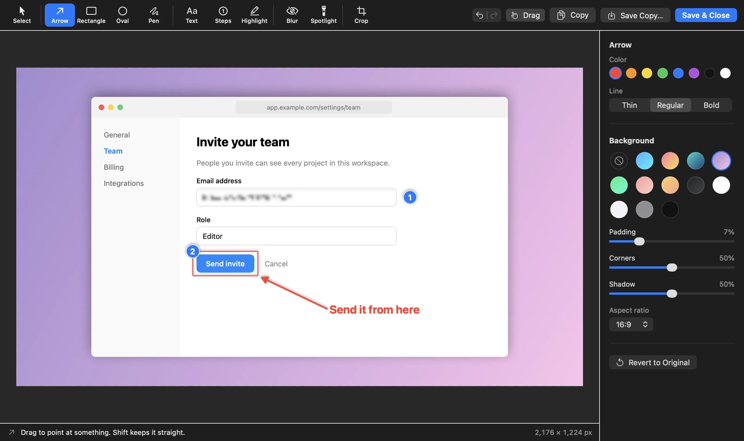The NotchDude screenshot editor: named tools along the top (Select, Arrow, Rectangle, Oval, Pen, Text, Steps, Highlight, Blur, Spotlight, Crop), Drag, Copy, Save Copy and Save and Close at the top right, a web page marked up with a blurred email address, numbered steps, a box and an arrow on a purple gradient, and colour, line and background settings in the sidebar