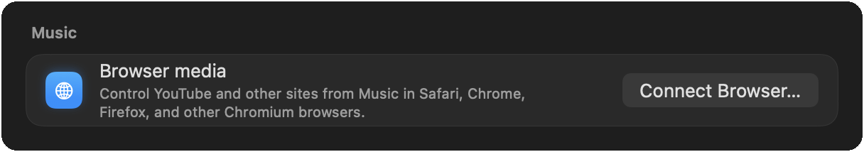 The Music card in NotchDude Settings › Widgets with a Browser media row and a Connect Browser button