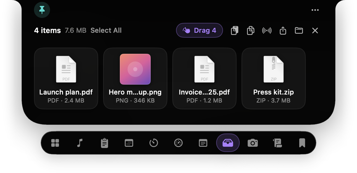 The File Shelf with four files and buttons to drag, copy, AirDrop, share, and show them in Finder