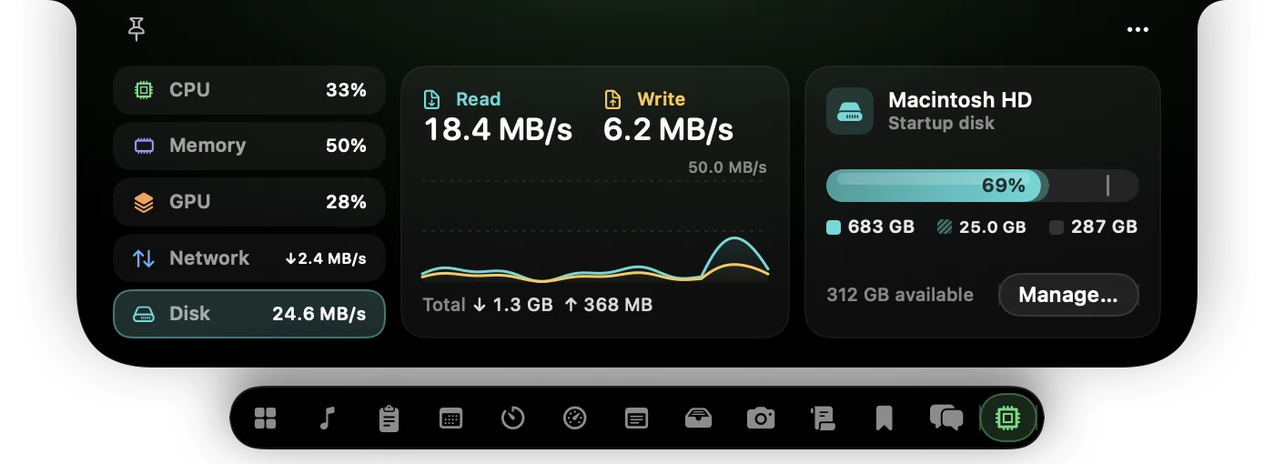 The System widget's Disk page with read and write speeds, a graph, and Macintosh HD 69% used with used, purgeable, and free amounts