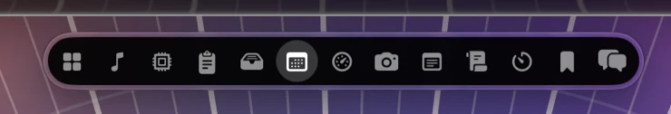 A black glass pill of white tab icons with the Calendar tab selected on a lighter bubble