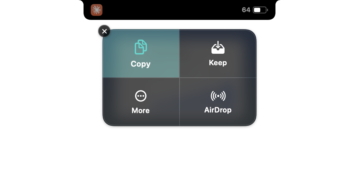 The NotchDude screenshot thumbnail under the notch, hovered: Copy, Keep, More, and AirDrop zones over the blurred screenshot